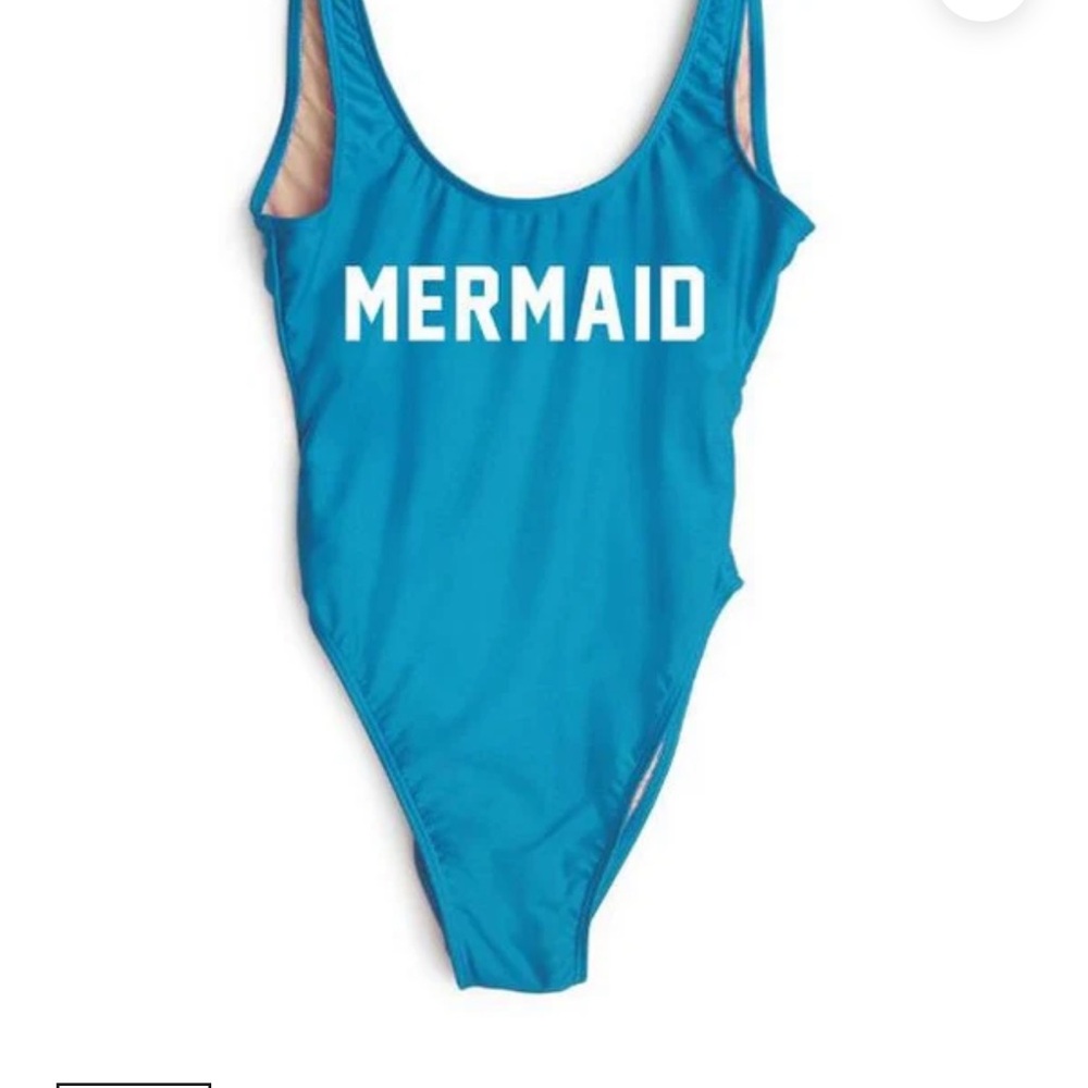 Blue One-Piece Swimsuit with 'Mermaid' Print